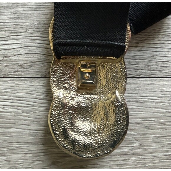 Vintage Womens Wide Elastic Belt Black Gold 80s Mobwife 15”-18” Unbranded - Picture 3 of 6